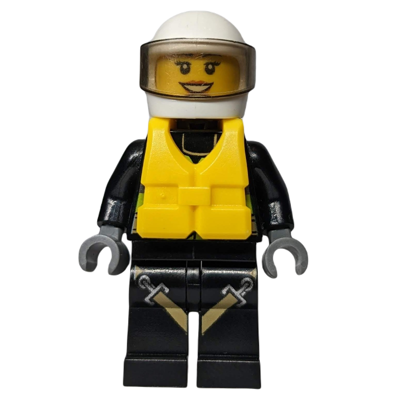 Lego Firewoman, Safety Vest with Flashlight, Pocket, and Belt, Black Legs with Straps, White Helmet with Visor, Yellow Life Vest