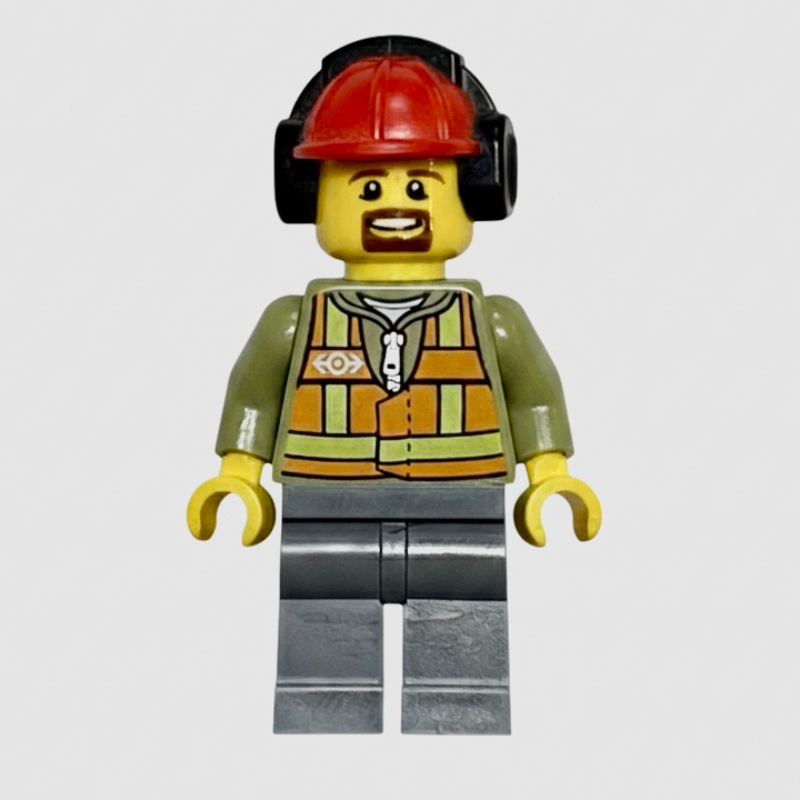 Lego Train Worker, Orange Safety Vest with Train Logo over Olive Green Hoodie, Dark Bluish Gray Legs, Red Hard Hat with Ear Defenders, Goatee Beard
