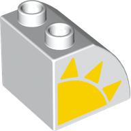 Lego Duplo Brick 2 x 2 x 1 1/2 with Curved Top with Yellow Sun print / White