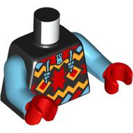 Lego Torso, Winter Sweater with Red/Orange/Medium Azure Decorations, Laces, Hood print, Medium Azure Arms, Red Hands / Black