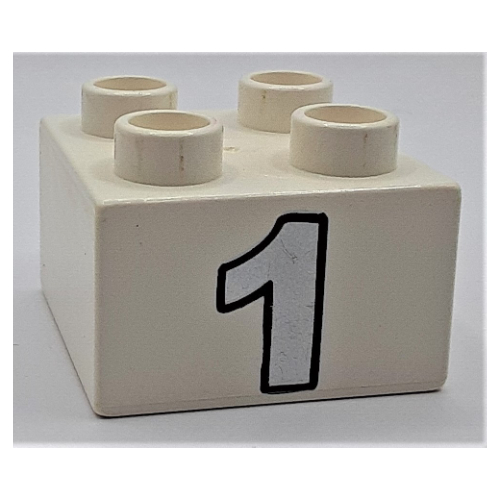 Lego Duplo Brick 2 x 2 with Silver Number 1 Print / White