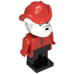 Fabuland Figure Barty Bulldog with White Head, Red Torso with Black Buttons, Red Arms and Hands, Black Legs and Red Fireman Helmet / Red