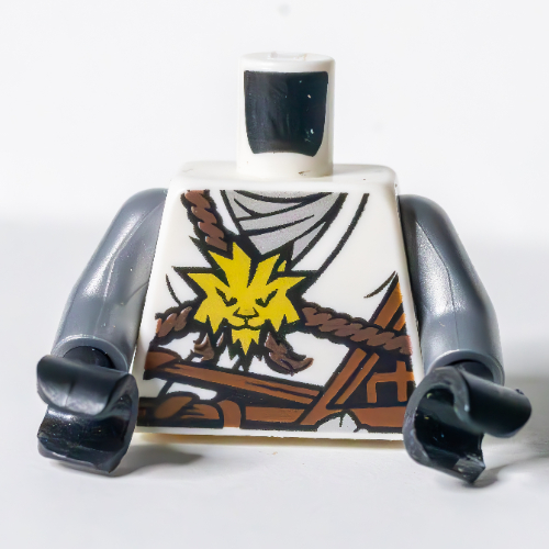 Lego Torso Robe, Brown Rope, Gold Lion Print, Flat Silver Arms, Black Hands / White