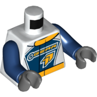 Lego Torso Racing Jacket, Orange Collar, 'GEAR' Logo Print, Dark Blue Arms, Dark Bluish Gray Hands / White