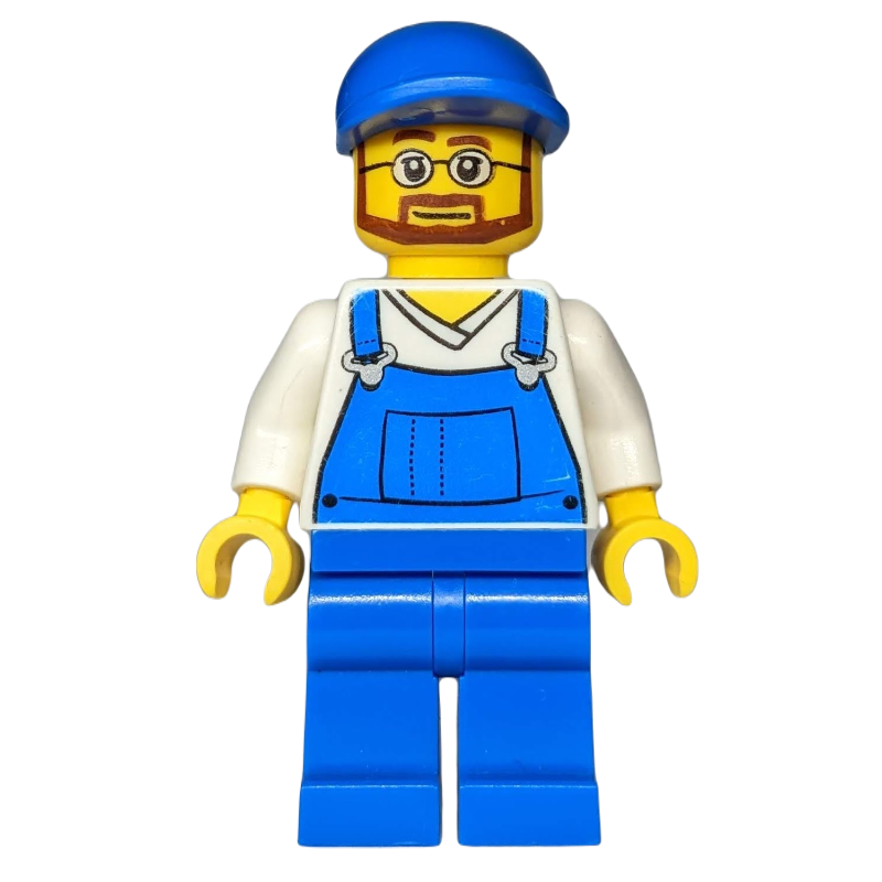 Lego Man, Blue Overalls over White V-Neck Shirt, Blue Cap, Beard and Glasses