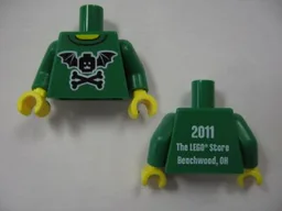 Torso Black Bat Minifigure Head with Wings and Crossbones, Yellow Neck, '2011 The LEGO Store Beachwood, OH' on Back Pattern / Green Arms / Yellow Hands