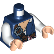 Lego Torso Jerkin with White Open Shirt and Belts and Red, White and Blue Sash Print, White Arms, Light Nougat Hands / Dark Blue