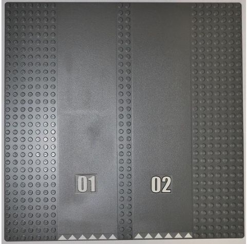 Lego Baseplate, Road 32 x 32 7-Stud Straight with Double Driveway with '01' and '02' and White Triangles Pattern (Stickers) - Set 7498