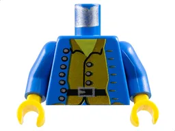 Torso Pirate Jacket Open with Silver Buttons over Brown Shirt, Black Belt with Buckle, Yellow Neck Pattern / Blue Arms / Yellow Hands