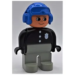 Duplo Figure, Early, Aviator Hat Blue, Light Gray Legs, 3 Buttons and Badge Print / Black