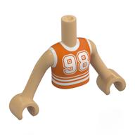 Lego Minidoll Torso Girl with Warm Tan Arms and Hands with Reddish Orange Shirt, White Trim, Striped, '98' print / Warm Tan