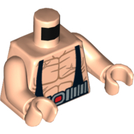 Lego Torso Bare Chest with Muscles, Black Suspenders and Silver Belt / Yellow Hoses on Back Print, Light Nougat Arms and Hands / Light Nougat