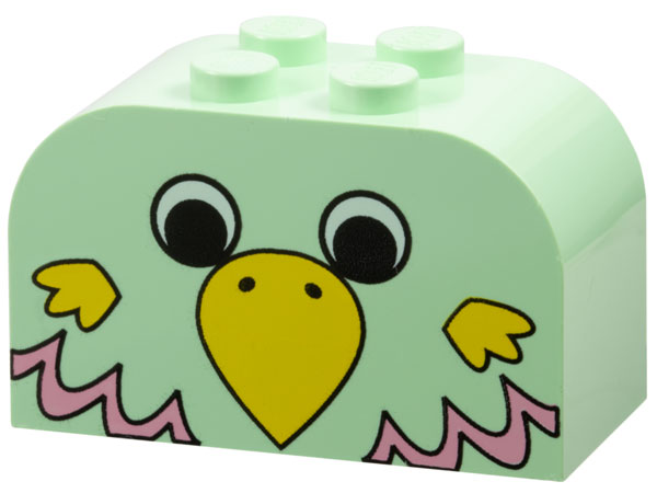 Lego Slope, Curved 4 x 2 x 2 Double with 4 Studs with Parrot Head Pattern / Light Green