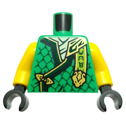 Lego Torso, Ninja Robes, Gold/Dark Green Trim, Scales, Yellowish Green Banner, Gold Dragon Head print, Yellow Arms, Black Hands / Bright Green