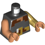 Lego Torso Odd Arms, Pixelated Shirt with Brown and Gold Belt print, Left Pearl Gold Arm, Right Nougat Arm, Nougat Hands / Black