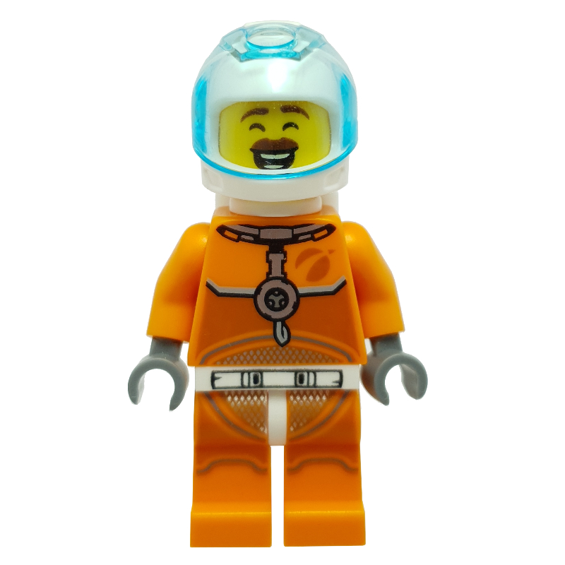 Lego Astronaut - Orange Torso and Legs, White Helmet, Trans-Light Blue Visor, Reddish Brown Mustache