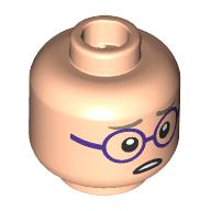 Lego Minifig Head Koby, Dark Tan Eyebrows, Dark Purple Glasses, Open Mouth Smile / Worried / Light Nougat