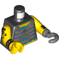 Lego Torso Vest Jacket, with Anchor Badge, Open over Dark Turquoise and Coral Undershirt with Skull and Crossbones Print, Yellow Arms with Pirate Skull Tattoo Print, Yellow Hand Right, Dark Bluish Gray Hook Left / Black