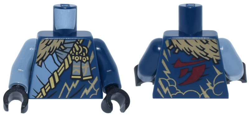 Lego Torso Tunic with Gold Trim, Charms and Lightning, Dark Tan Wrap, Dark Red Ninjago Logogram 'J' Pattern / Dark Blue Arm Left / Sand Blue Arm Right / Black Hands