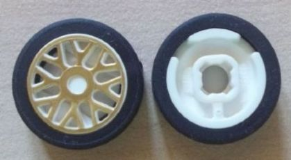 Lego Wheel 11mm D. x 6mm with 8 'Y' Spokes with Gold Outline Pattern with Black Tire 14mm D. x 6mm Solid Smooth (93595pb01 / 50945)