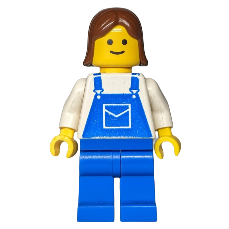 Lego White Torso, Blue Overall, Brown Hair