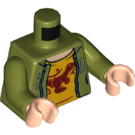 Lego Torso Jacket, Yellow Shirt with Red Dino Print, Olive Green Arms, Light Nougat Hands / Olive Green