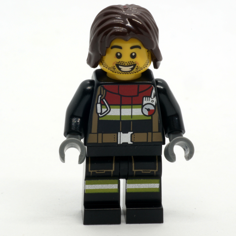 Lego Firefighter, Black Fire Suit, Dark Brown Hair, Stubble Beard