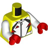 Torso, White Racing Suit, Black Decorations, Red Mountains Logo, Zipper Print, White Arms, Red Hands / Vibrant Yellow