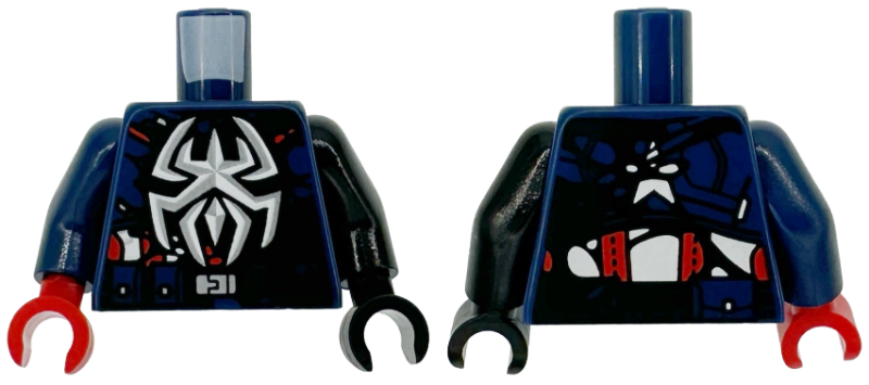 Lego Torso Armor, Silver and White Spider Logo, Red Stripes, Black Symbiote Tendrils, Utility Belt with Buckle, Star on Back Pattern / Black Arm Left / Dark Blue Arm Right / Black Hand Left / Red Hand Right