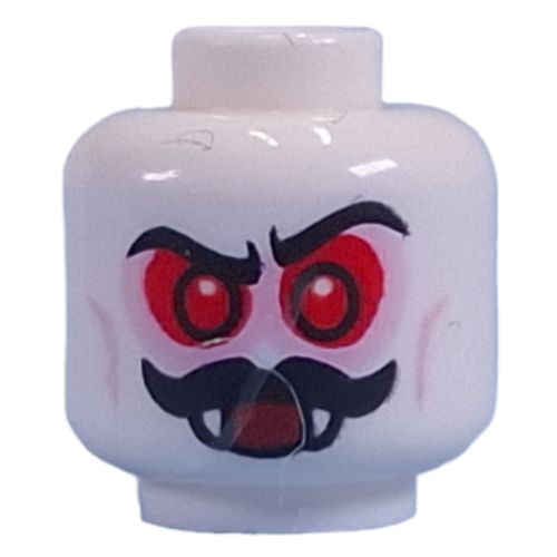 Lego Minifig Head Bat-Lord, Red Eyes, Moustache, Fangs, Mean Smile with Sand Blue Eyeshadow / Open Mouth with Red Eyeshadow Print / White