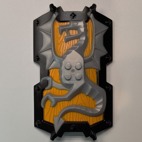 Lego Large Figure Shield, 2 x 2 Brick Relief, Dragon with Bright Light Orange and Black Print / Pearl Light Gray