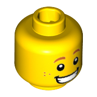 Lego Minifig Head Hot Dog Man, Dark Orange Eyebrows and Freckles, Wide Grin with Teeth Print [Hollow Stud] / Yellow