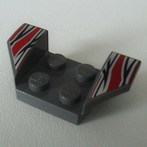 Lego Mudguard 2 x 4 with 2 x 2 Studs and Flared Wings, Silver/Red/Black Flame Tips Print / Dark Bluish Gray