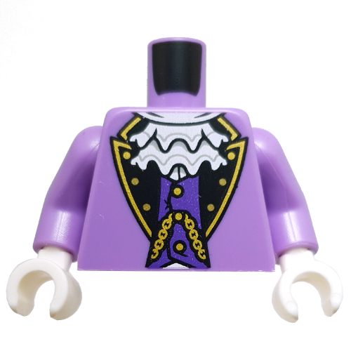 Lego Torso Jacket, Black Collar, Gold Trim, Chain, White Ruff, Lavender Shirt print, Medium Lavender Arms, White Hands / Medium Lavender