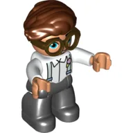 Duplo Figure with Hair Swept Right Reddish Brown, with Black Legs, Shirt with Suspenders Print and Brown Glasses / White