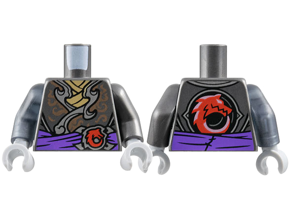 Lego Torso Dark Silver and Copper Tunic, Dark Tan Shirt, Dark Purple Sash, Red Wolf Pattern / Pearl Dark Gray Arm Left / Trans-Black Arm Right / Light Bluish Gray Hands