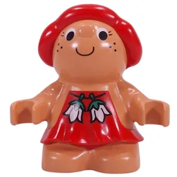 Duplo Figure Little Forest Friend Female, Red Dress with Two White Flowers Print (Sugar Strawberry) / Nougat
