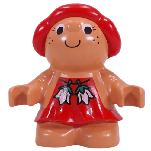 Lego Duplo Figure Little Forest Friend Female, Red Dress with Two White Flowers Print (Sugar Strawberry) / Nougat