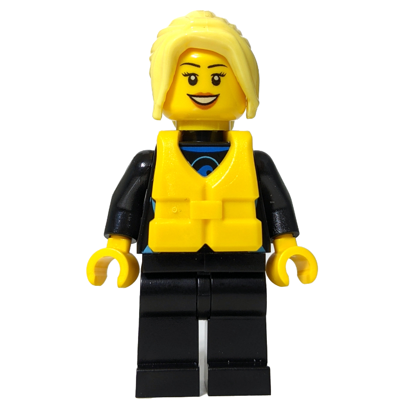 Lego Surfer, Woman, Black Wetsuit, Bright Light Yellow Hair, Yellow Life Vest