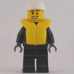 Policeman, Black Jacket with Zipper, Radio, Badge, and 'POLICE' on Back, White Cap, Yellow Life Vest