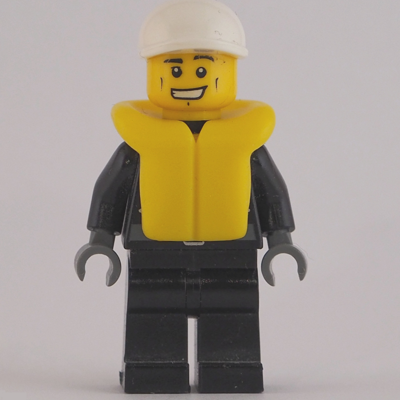Lego Policeman, Black Jacket with Zipper, Radio, Badge, and 'POLICE' on Back, White Cap, Yellow Life Vest