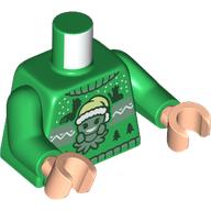 Lego Torso, Christmas Sweater with Mandrake with Santa Hat, Dark Green Trees print, Green Arms, Light Nougat Hands / Green