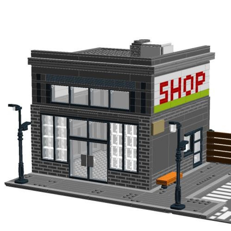 Lego modular street shop and parking
