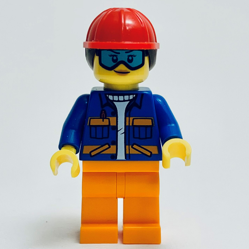 Lego Construciton Worker, Blue Jacket, Orange Legs, Red Hard Hat with Dark Brown Hair