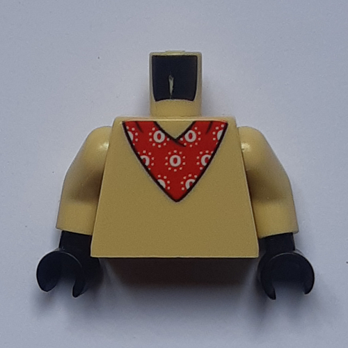 Lego Torso Red Neckerchief with White Design / Neckerchief Knot and Curly Tail Print, Tan Arms, Black Hands / Tan