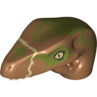 Lego Animal Body Part, Dinosaur, Raptor Head with Tan Teeth and Olive Green Blotches Print / Medium Nougat