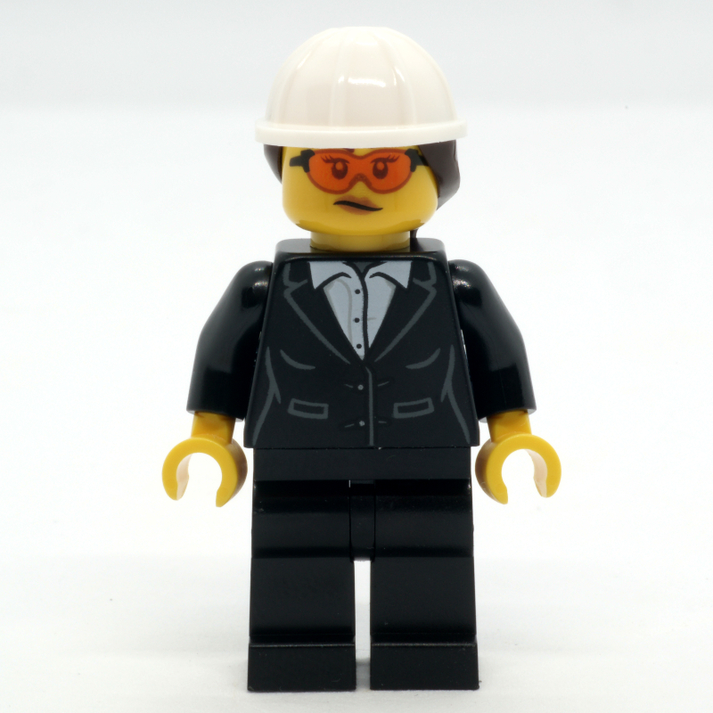 Lego Construction Site Foreman, Black Suit, White Hard Hat with Hair