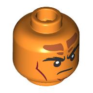 Lego Minifig Head Tiefling Sorcerer, Thick Black Eyebrows, Dark Red Lips, Dark Orange Markings, Lopsided Smile/Angry, Stern / Orange