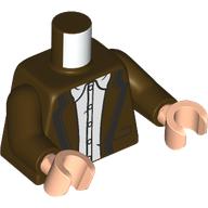 Lego Torso, Dark Brown Jacket, Dark Blue trim, White Shirt print, Dark Brown Arms, Light Nougat Hands / Dark Brown