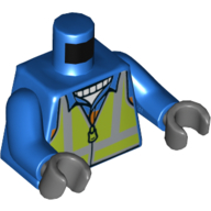 Lego Torso Safety Vest, Lime with Reflective Stripes over Jacket with Orange Stripe Print, Blue Arms, Dark Bluish Gray Hands / Blue